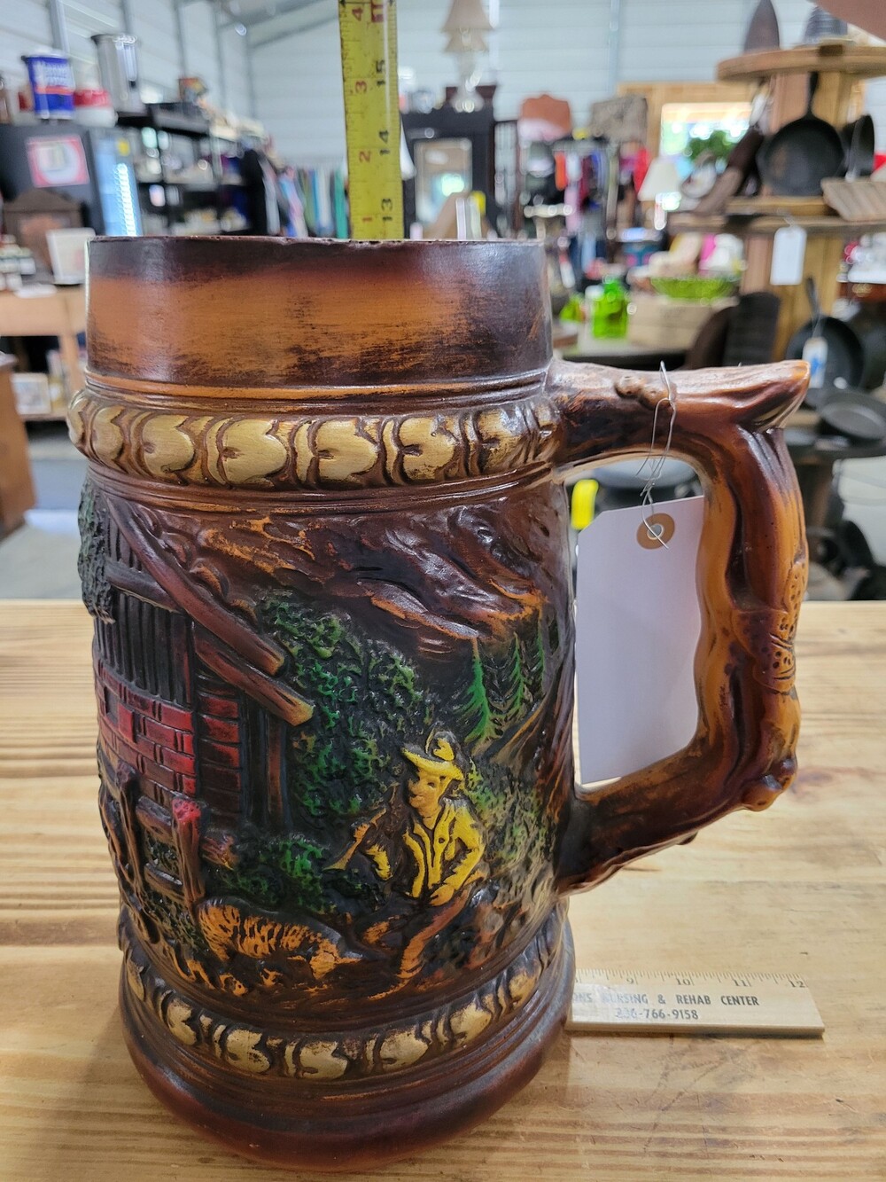 Vintage Ceramic Beer Stein 7.5 Inch Relief Outdoor Scene Handle